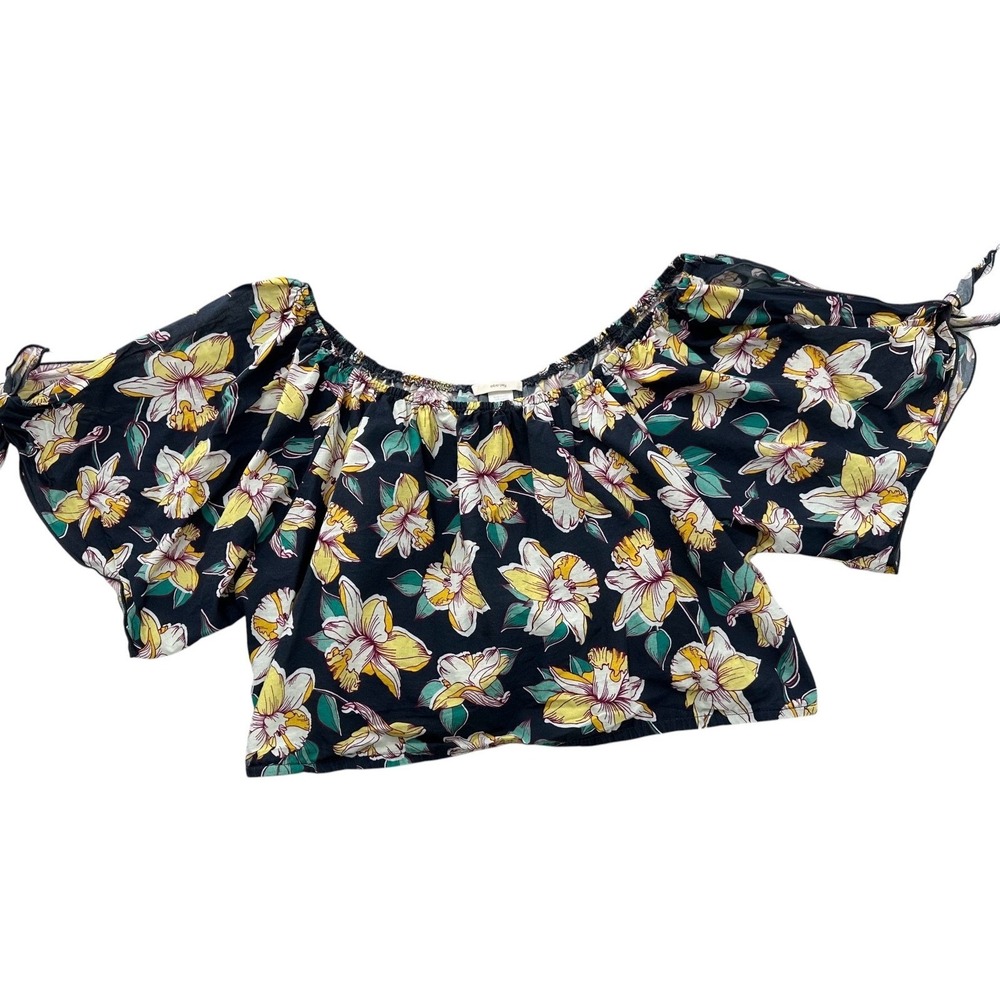 Eberjey Crop Top Black Floral Cotton Off-Shoulder Short Open Sleeves Size Medium